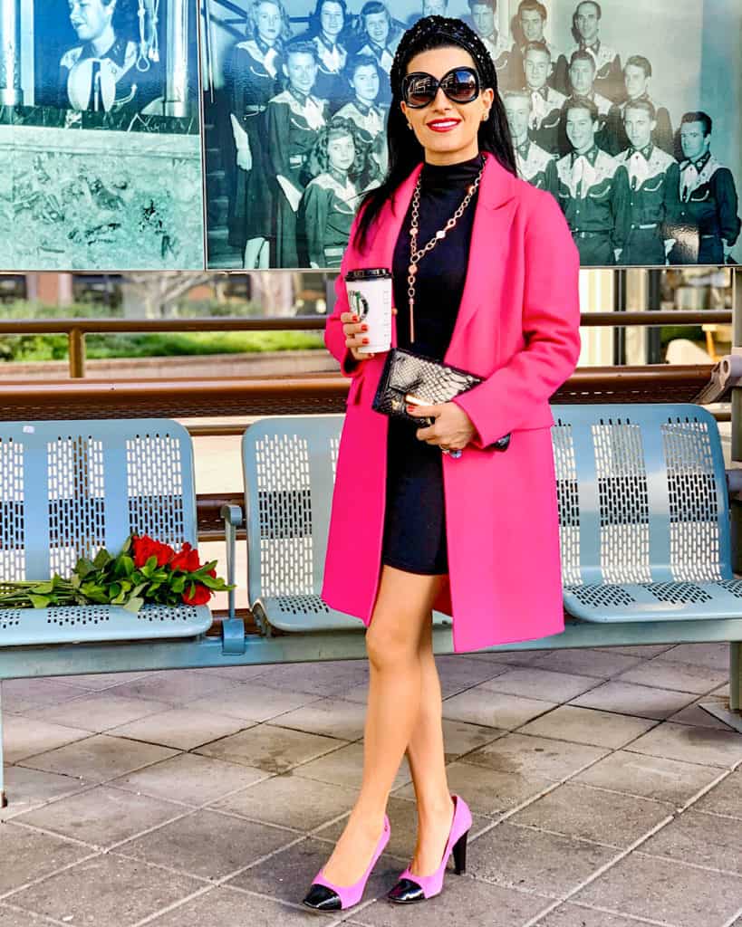 Valentine's Day outfit with pink coat pink and black heels 