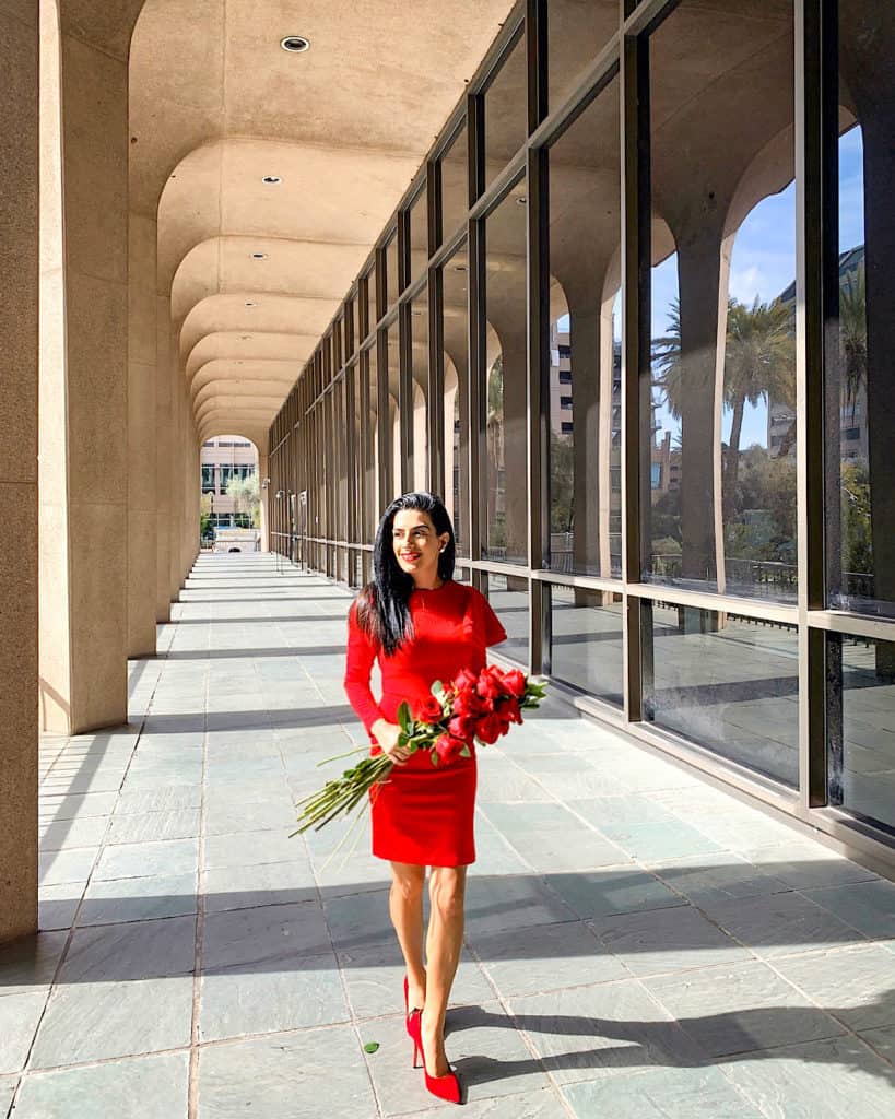 red Valentine's Day outfit red heels with red roses