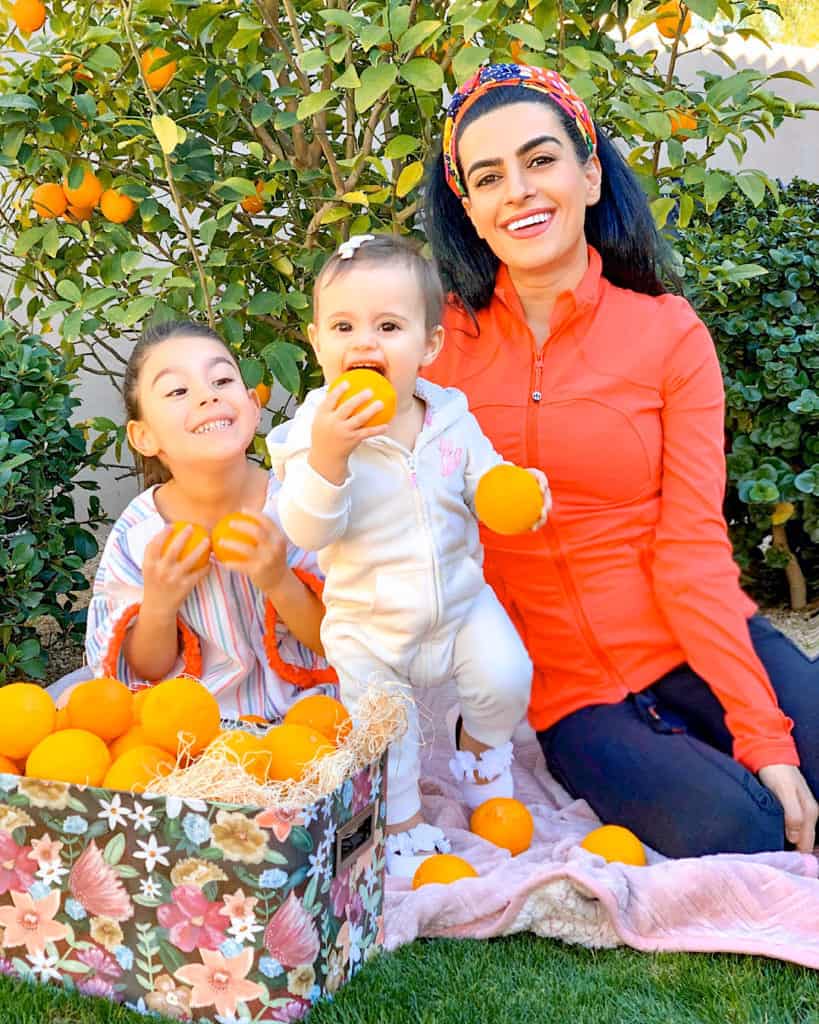 Family day picking fruit in the backyard