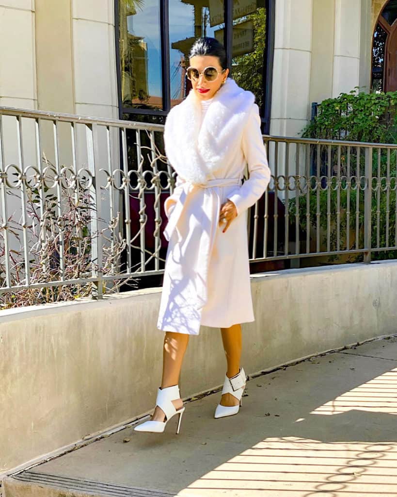 Stepping out - white faux fur coat, sunglasses, white heels