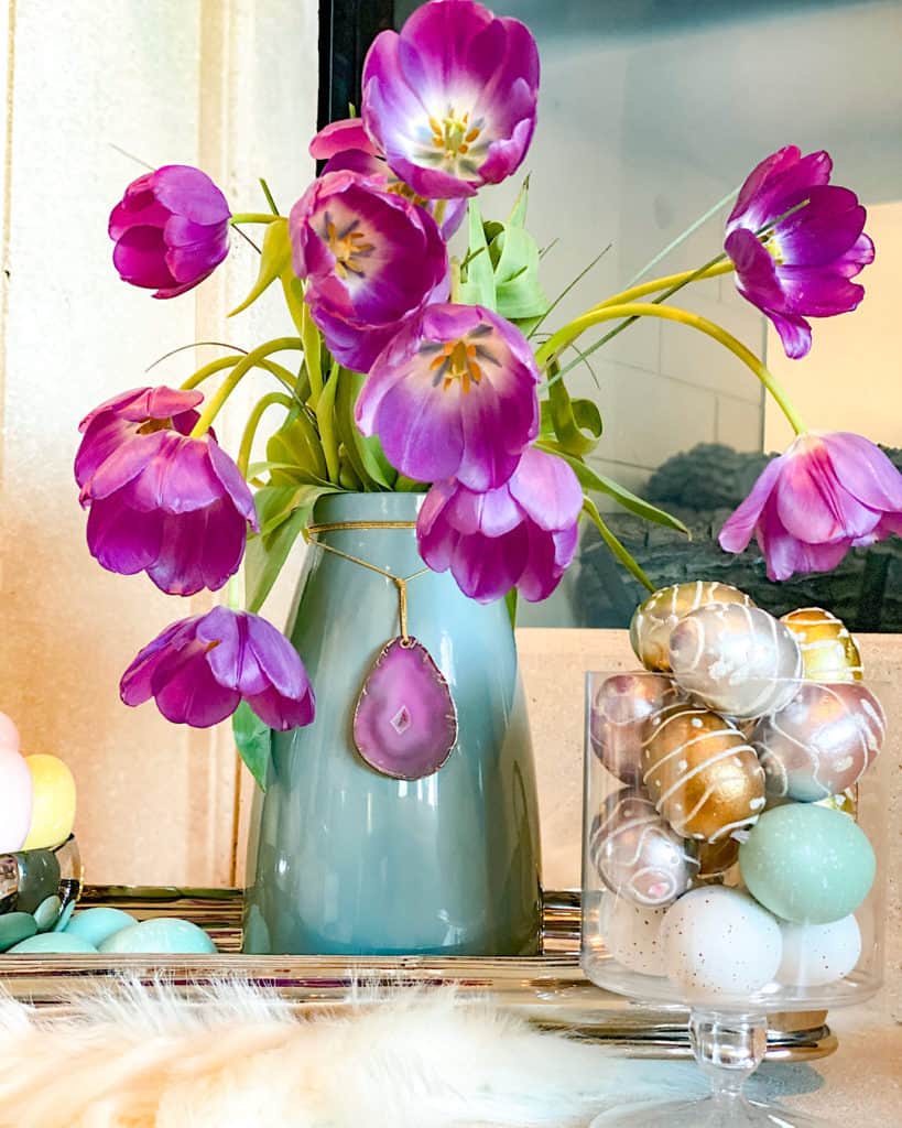 Purple Tulips and painted Easter eggs - a beautiful Easter tablescape