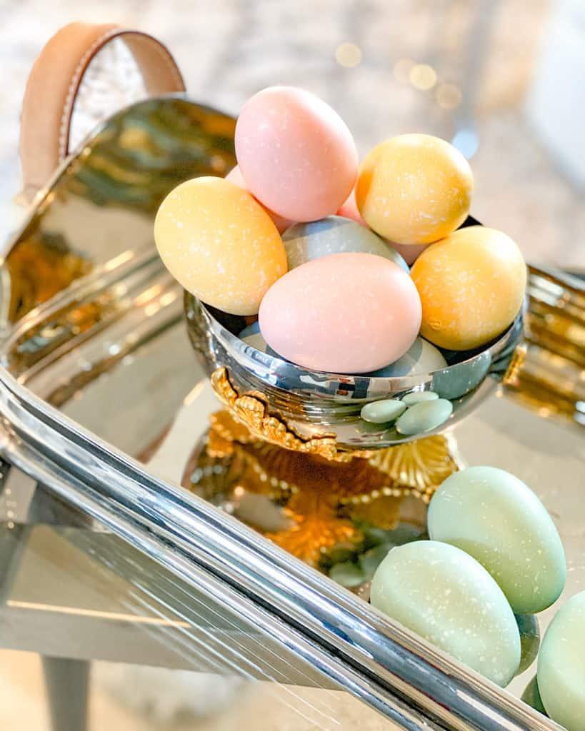 Painted Easter Eggs in a bowl on a tray