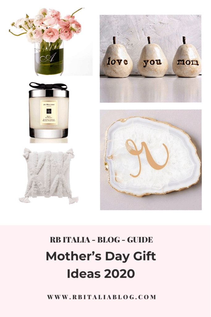 Selection of Mothers Day Gift Ideas: Flowers in vase, decorative vase, candle and agate coaster.