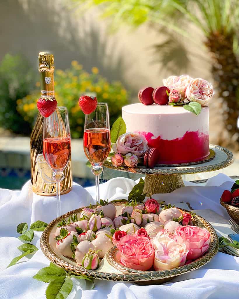 Dessert Table Design Tips - consider your colors. Pink champagne and pink cake with pink flowers. 