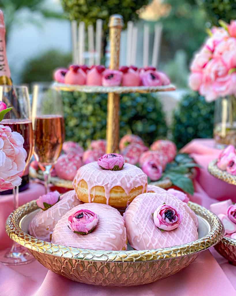 Pink donuts on a Valentine’s Day Dessert Table