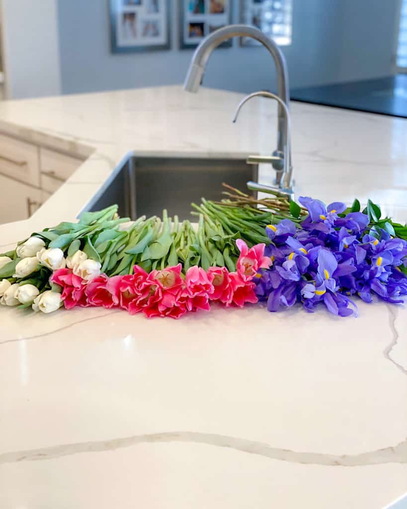 Fresh flowers: Irises and tulips on kitchen counter