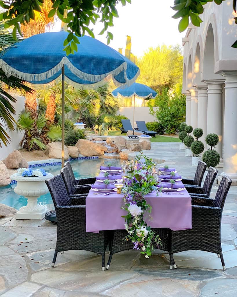 Purple and green decorated spring/summer brunch tablescape. 