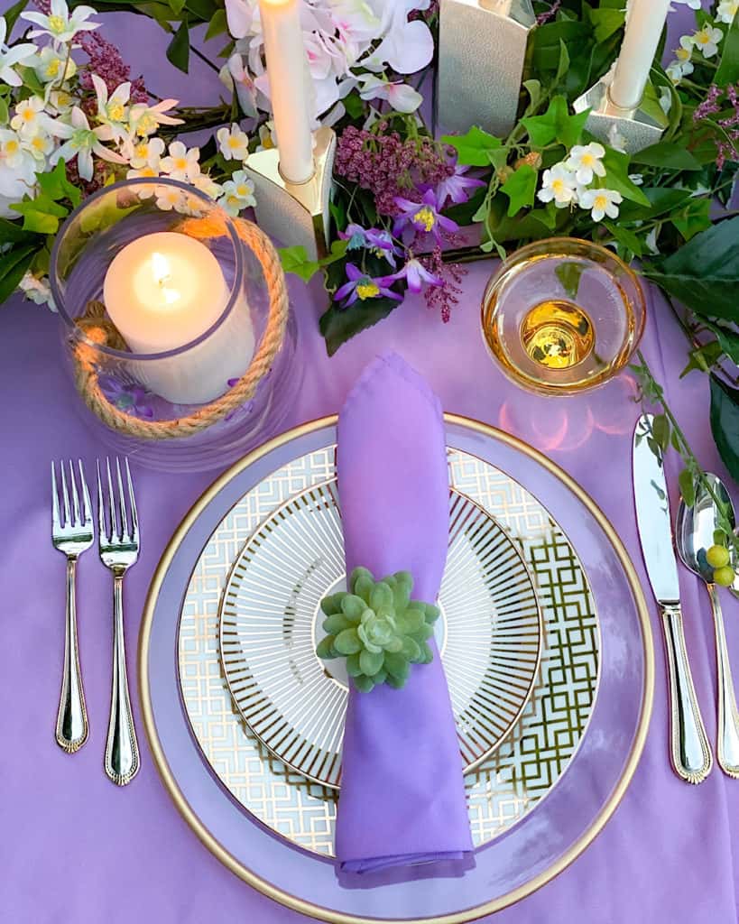 Place setting for a spring brunch tablescape. 