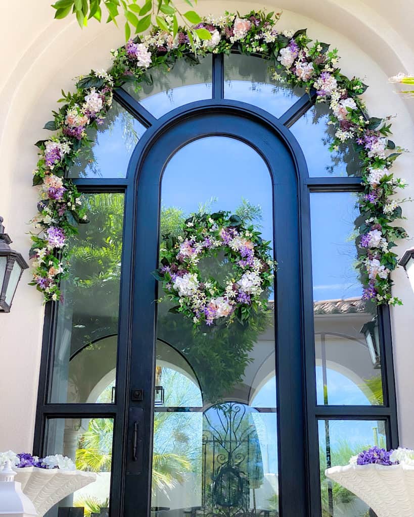 white, pink and purple outdoor wreaths and garlands