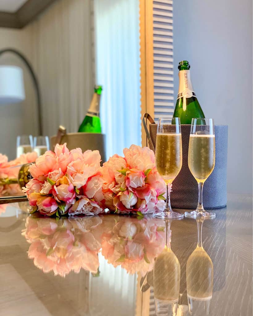 Champagne in our room at the Phoenician, with flower display 