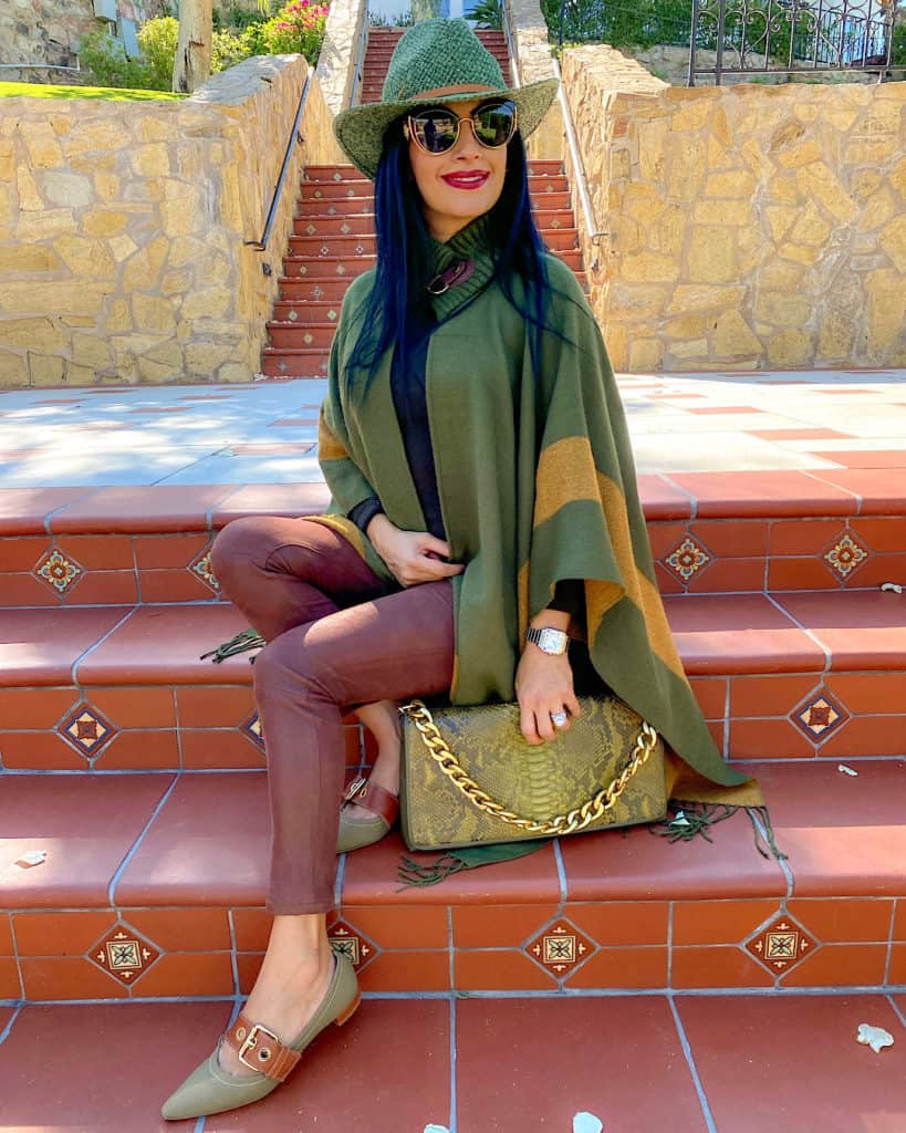 Green hat and green and mustard poncho - capes and ponchos fall 2021