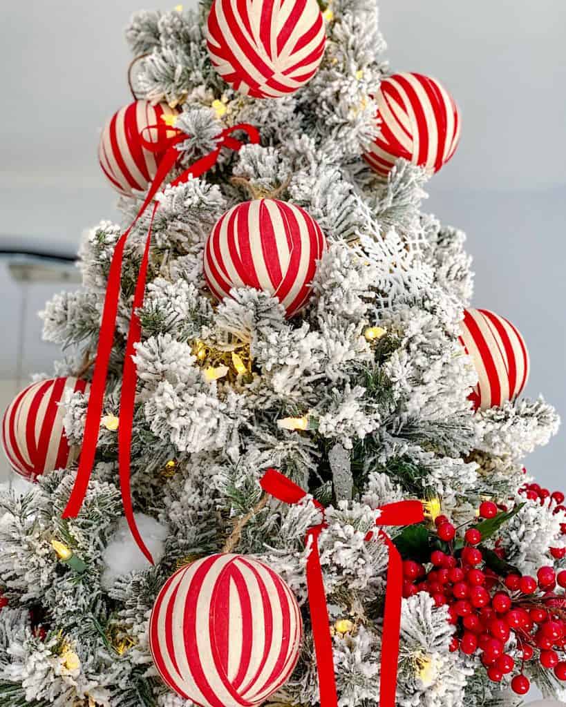 Red and white baubles on Christmas tree