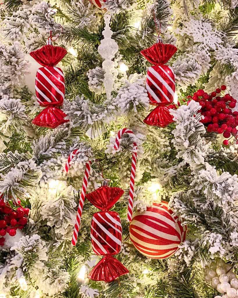red and white striped glass candies on Christmas tree 