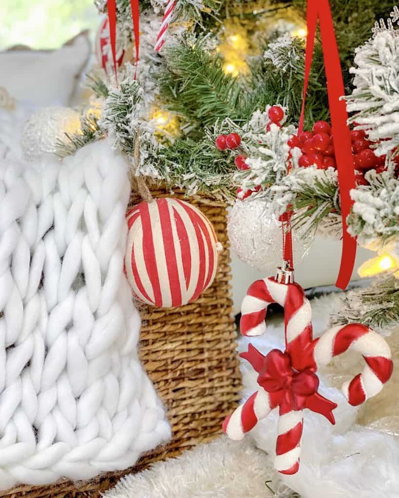 Red and white decorations on Christmas tree