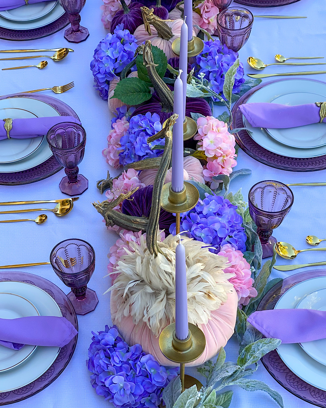 Glam Thanksgiving Tablescape Using Pink & Purple Pumpkins