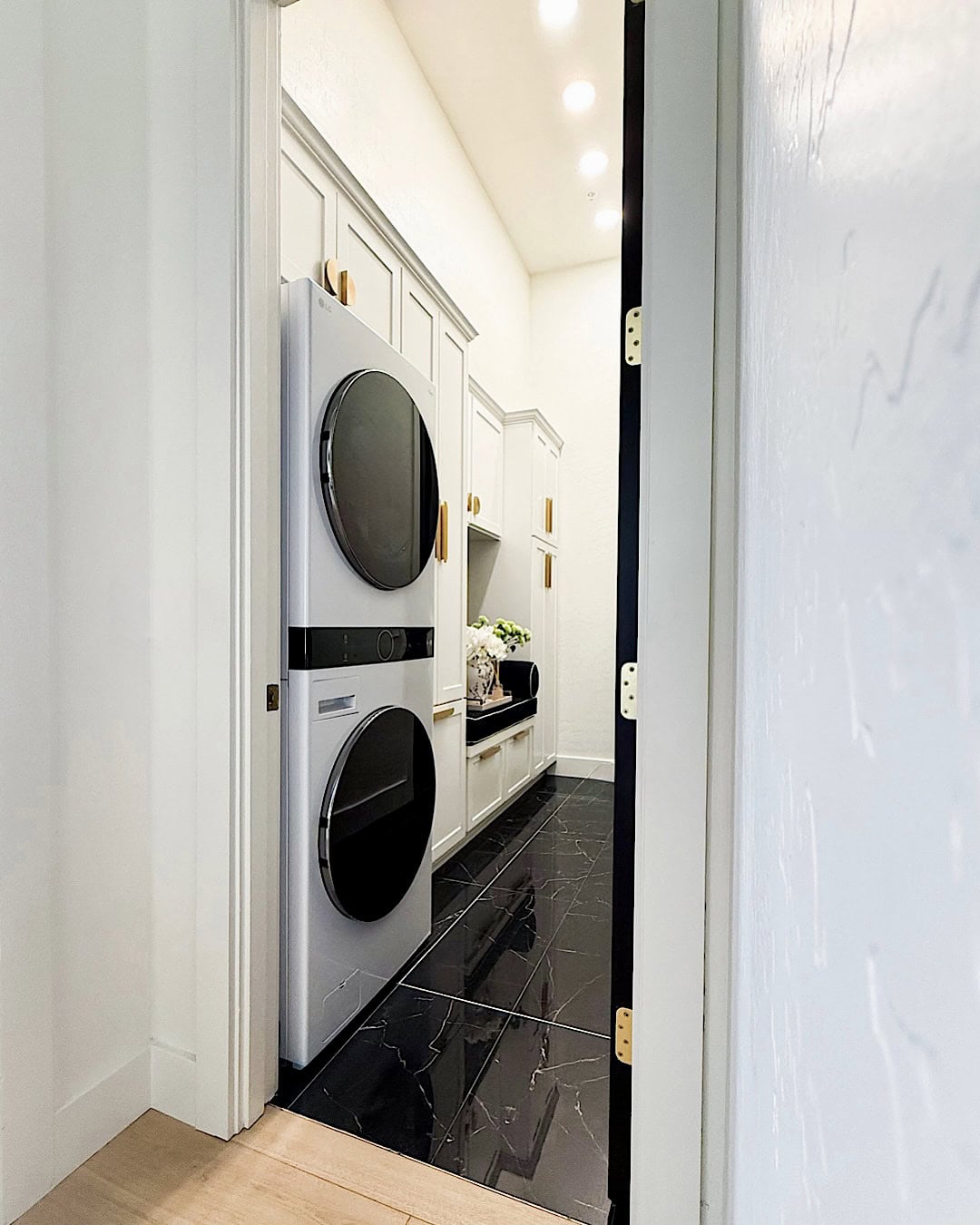narrow laundry room stacked washer dryer