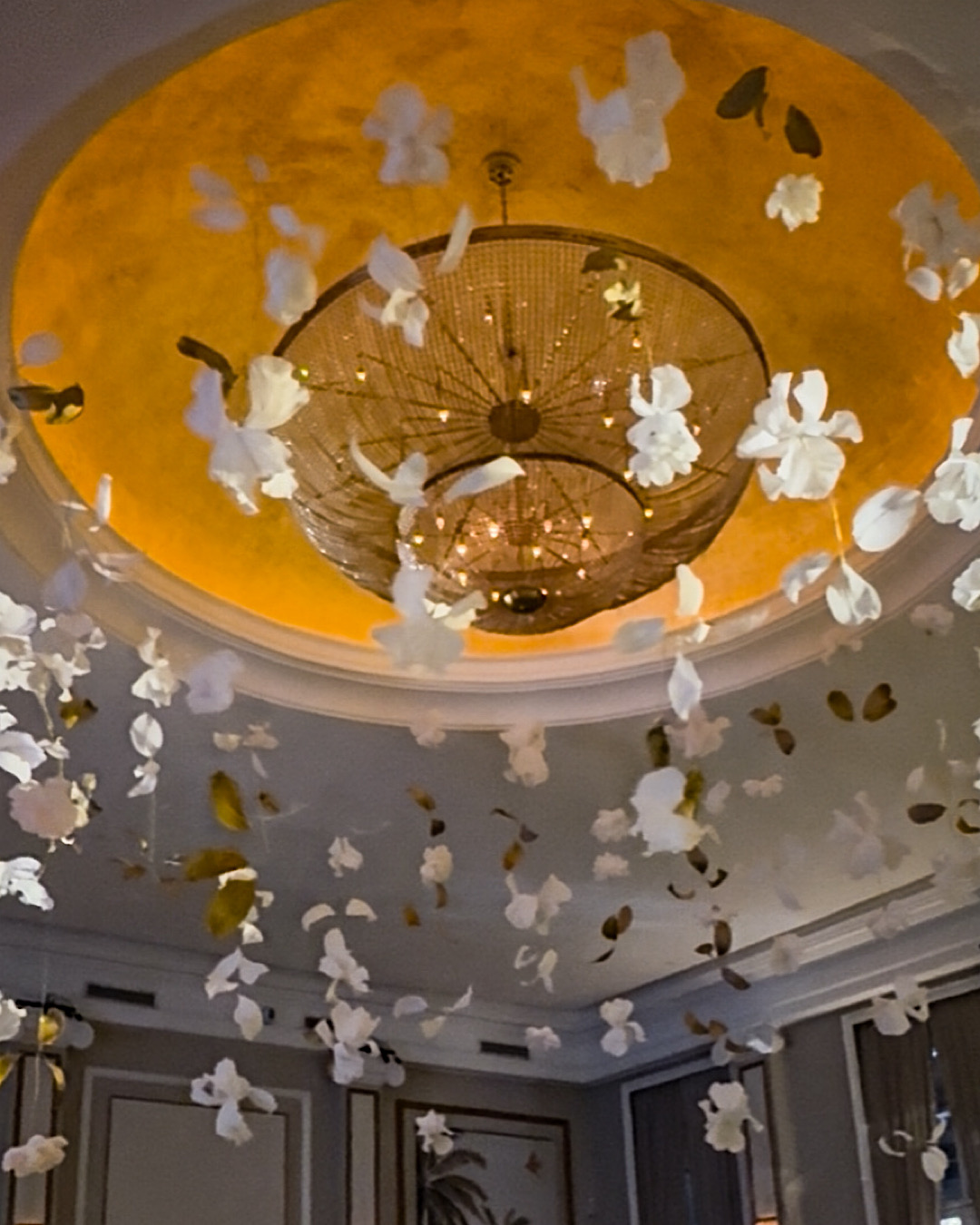 Hanging flowers and chandelier at Copacabana Palace