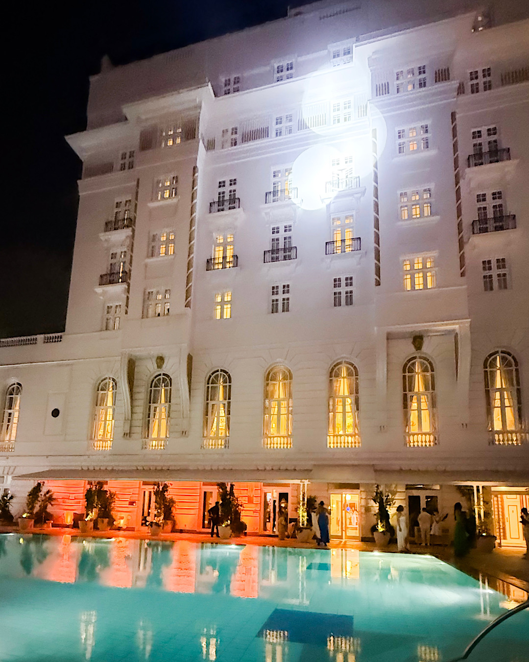 Copacabana Palace pool at night on New Year's Eve in Rio de Janeiro
